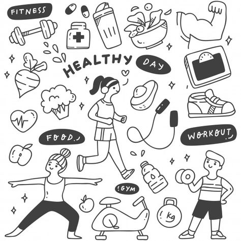 Exercise people with food and equipment | Premium Vector #Freepik #vector #food #sport #character #cartoon Exercise Doodles, Sports Doodles, Gym Drawing, Exercise Drawing, Cartoon Banana, Minimalist Bullet Journal, Food Doodles, Vector Food, Doodle Style