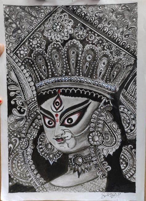 Welcoming Ma Durga in this puja time in my way❤️ Durga Maa Aesthetic Drawing, Mandala Durga Maa, Durga Puja Sketch, Drawing For Durga Puja, Durga Puja Mandala Art, Durga Puja Aesthetic Drawing, Maa Durga Drawing Sketch Realistic, Durga Maa Doodle Art, Ma Durga Sketch