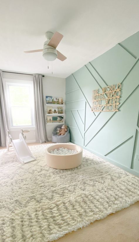 Sage Green & Neutral Superhero Playroom - Project Nursery Playroom Sage Green, Accent Wall Toddler Girl Room, Sage Girls Bedroom, Toddler Girl Accent Wall, Sage Green Baby Girl Nursery, Girl Room Accent Wall, Sage Nursery Girl, Baby Girl Nursery Accent Wall, Sage Green Nursery Girl