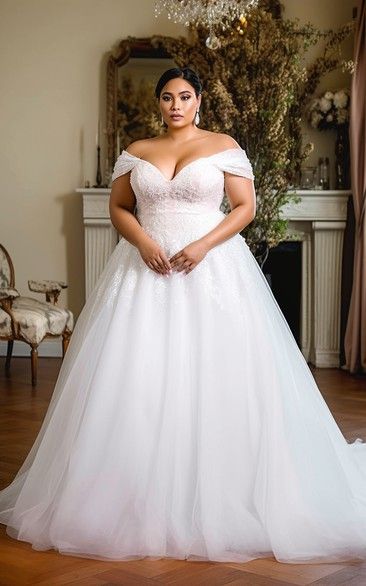 Ball Gown Plus Size Off-the-shoulder Tulle A-line Wedding Dress with Lace Top Wedding Dress With Lace Top, Ball Gown Plus Size, Curvy Wedding Dress, Plus Size Ball Gown, Dress With Lace Top, Plus Size Bridal Dresses, Plus Wedding Dresses, Big Wedding Dresses, Wedding Dress With Lace