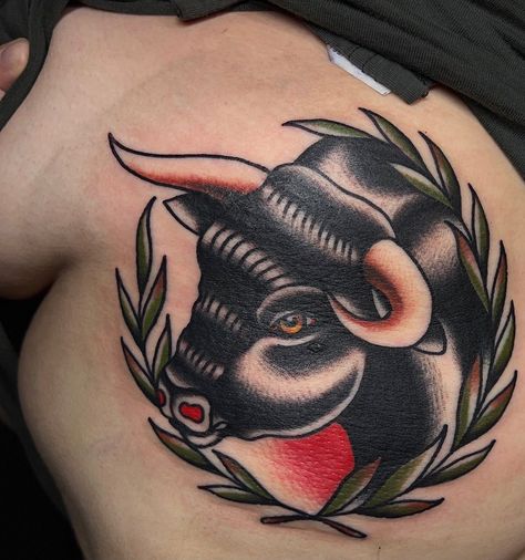 cool 24 Taurus Tattoos for Zodiac Lovers in 2021 Traditional Bull Head Tattoo, Taurus Tattoo Traditional, Neo Traditional Bull Tattoo, American Traditional Bull Tattoo, Traditional Taurus Tattoo, Bull Tattoo Design For Men, Tattoo On Chest For Men, Traditional Bull Tattoo, Bull Tattoo Ideas