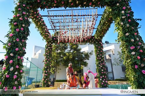 A north indian wedding mandap with floral and greenery decor done for an outdoor event in a hill station North Indian Wedding, Indian Wedding Mandap, Hindu Wedding Decorations, Greenery Decor, Wedding Mandap, Hill Station, Outdoor Event, Hindu Wedding, A Hill