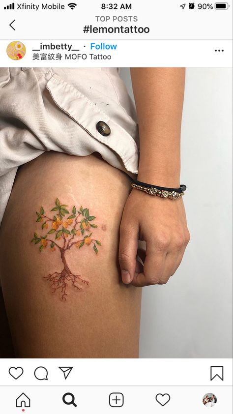 Orange Tree Tattoo Minimalist, Persimmon Tree Tattoo, Apricot Tree Tattoo, Lime Tree Tattoo, Lemon Vine Tattoo, Lemon Tree Tattoo Minimalist, Mango Tree Tattoo, Fruit Tree Tattoo, Pear Tree Tattoo