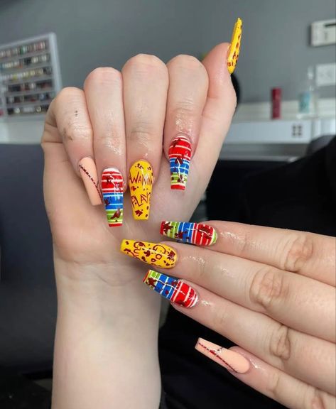 Halloween Nail Designs Chucky, Austin Powers Nails, Chunky Acrylic Nails, Childs Play Nails, Chuckie Nails, Horror Acrylic Nails, Halloween Nails Chucky, Chucky Halloween Nails, Chucky And Tiffany Nails