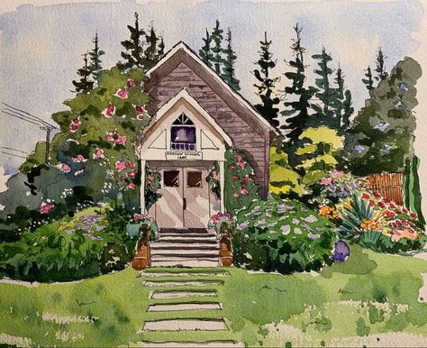 Beth Martens Landscape Watercolor Art, Cottage Drawing, Old Schoolhouse, Watercolor House Painting, Watercolor House, Watercolor Art Landscape, Vintage Illustration Art, Landscape Watercolor, Artist Sketchbook