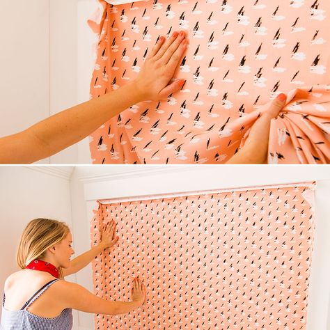 Check out this simple DIY for making your own fabric wallpaper. Perfect for giving your plain apartment a colorful + unique look. #partner Starched Fabric Wall, Fabric Walls, Diy Wand, Dekor Diy, Diy Cans, Diy Wallpaper, Fabric Wall, Diy Hacks, Diy Fabric