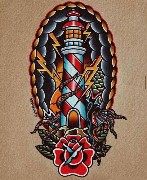 Sketches Traditional, Traditional Nautical Tattoo, Traditional Lighthouse Tattoo, Traditional Tattoo Man, Colored Tattoo Design, Traditional Tattoo Old School, Traditional Tattoo Inspiration, Traditional Style Tattoo, Tattoo Concepts