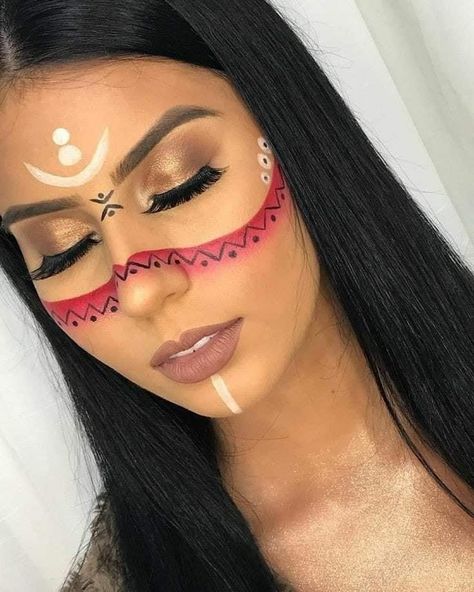 Trible Makeup Look, Indigenous Makeup Native American, Taino Makeup, Native American Makeup Women, Mayan Makeup, Indian Makeup Halloween, Pocahontas Makeup, Native American Makeup, Native American Face Paint