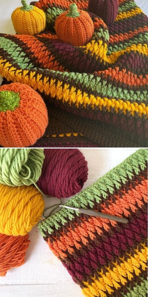 Beautiful Fall Crochet Afghan Ideas - Pattern Center Pumpkin Crochet Blanket Pattern Free, Interesting Crochet Blanket, Christmas Colors Crochet Blanket, Fall Crocheting Ideas, Fireside Blanket Crochet, Halloween Afghan Crochet, Mood Blanket Crochet Ideas, Fall Crochet Blanket Color Combos, Neon Crochet Blanket