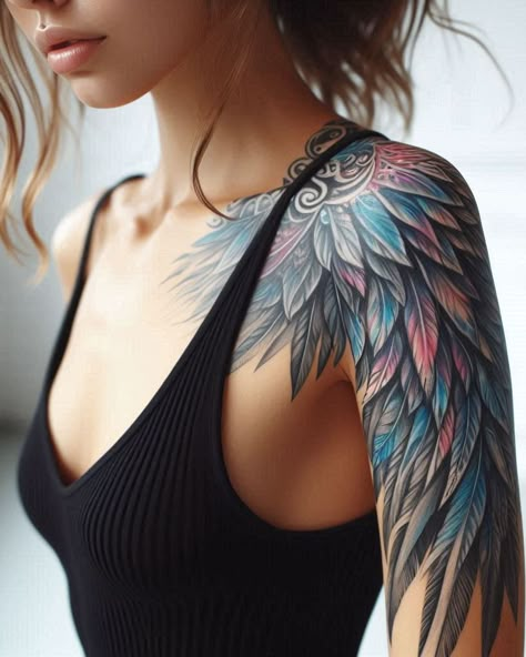 Angel Tattoos: Heavenly Inspiration for Your Next Ink | Pocoko Wing On Shoulder Tattoo, Wings Shoulder Tattoo, Shoulder Wing Tattoo, Phoenix Back Tattoo Women, Angel Shoulder Tattoo, Angel Wings Tattoo Shoulder, Wing Tattoo On Shoulder, Angel Wing Tattoos, Angel Wings Tattoo On Back