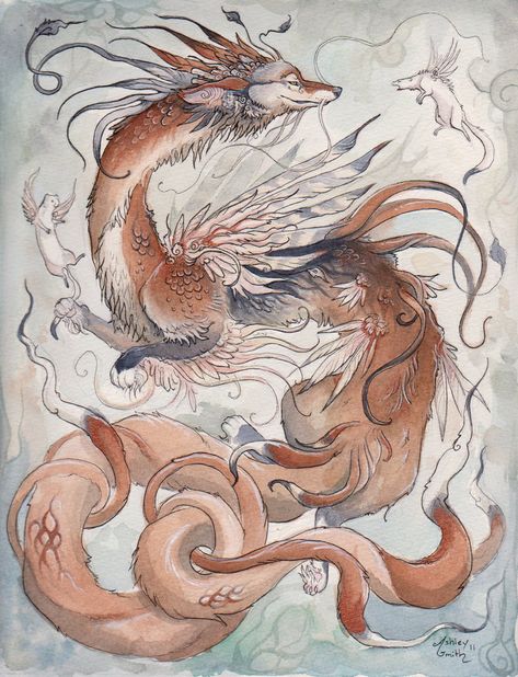 The Coyote Dragon by Kitsune-Seven on DeviantArt Japanese Mythical Creatures, Mythological Animals, Kitsune Fox, Japanese Mythology, Japanese Folklore, Mythical Beast, The Messenger, Mythology Art, Mythical Creatures Art