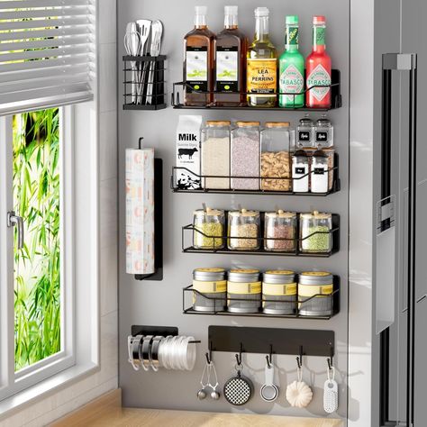 Amazon.com: IYEBAU Magnetic Spice Rack for Refrigerator,8 Pack Magnetic Fridge Shelf, Moveable Spice Organizer with Hook Rack, Paper Towel Holder, Utensil Holder,cup lid holder, Super Magnetic Rack Set (Black) : Home & Kitchen Spice Rack Kitchen Cabinet, Large Spice Rack, Camper Organization Rv Living, Fridge Shelf, Magnetic Spice Rack, Wall Spice Rack, Spice Organizer, Ikea Organization, Fridge Shelves