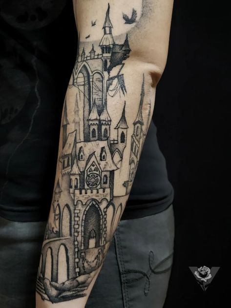 Tattoo uploaded by V • Mystical castle #castle #medieval #stronghold #moon #night #dark #blackwork • 1416810 • Tattoodo Castle Dragon Tattoo, Dragon Castle Tattoo, Midevil Tattoos, Mystical Castle, Castle Medieval, Castle Tattoo, Bookish Tattoos, Dracula Castle, Dragon Stone