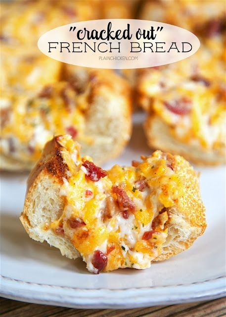 "Cracked Out" French Bread French Bread Appetizers, Cracked Out, Bread Toppings, New Year's Eve Appetizers, French Bread Recipe, Plain Chicken, Tailgating Recipes, Snack Dip, Dinner Bread