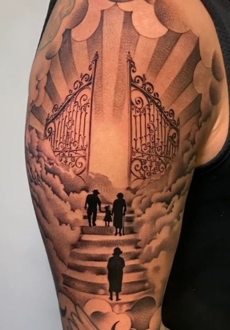 Angel Mother Tattoo, Staircase To Heaven Tattoo Design, Heavens Gate Tattoo Design, Staircase To Heaven Tattoo, Stairway To Heaven Tattoo Design, Heavens Gates Tattoo Design, Staircase Tattoo, Stairs To Heaven Tattoo, Gates Of Heaven Tattoo