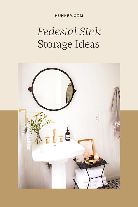 Pedestal Sink Bathroom Storage Ideas, Cabinet Around Pedestal Sink, Storage Under Pedestal Sink, Storage For Pedestal Sink, Diy Pedestal Sink Cabinet, Pedestal Sink Storage Ideas, Pedestal Sink Cabinet, Sink Storage Ideas, Pedestal Sink Storage