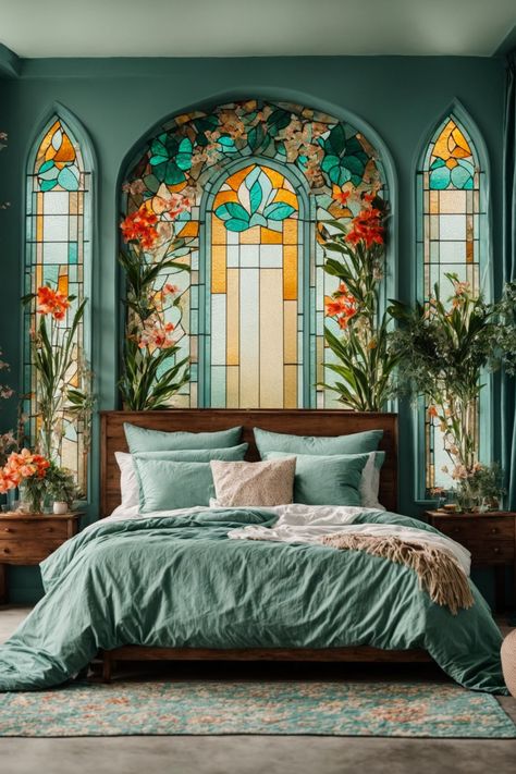 Dive into a realm where dreamy blues and serene greens meld in perfect harmony. This bedroom, adorned with majestic Stained Glass wall decor, encapsulates the magic of twilight and the tranquility of dawn. As the sun's rays pierce through the intricate designs, the space is bathed in a cascade of colors, reminiscent of serene lagoons and enchanted forests. Plush bedding, rustic woodwork, and soft drapery complement the luminous artistry, crafting a sanctuary of relaxation and beauty. Green And Blue Decor Bedroom, Rustic Colorful Living Room, Art Deco Blue Bedroom, Stained Glass Sunroom, Color Glass Wall, Stained Glass In House, Bedroom Ideas Wall Colors, Twilight Decor, Stained Glass Bedroom