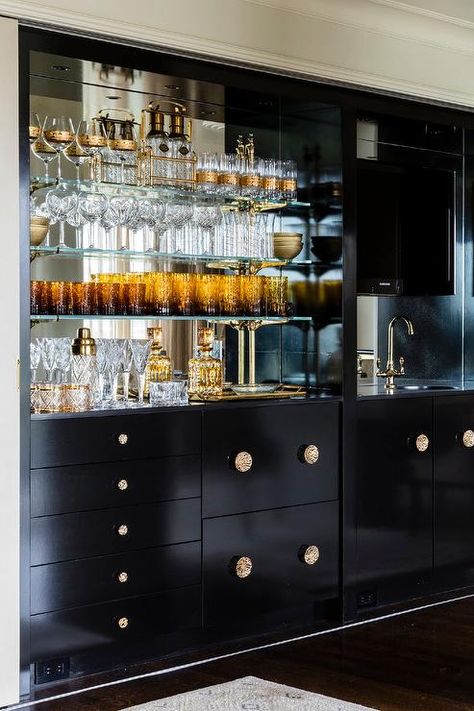 Glass Bar Shelves, Antique Mirror Backsplash, Mirrored Backsplash, Wet Bar Cabinets, Wet Bar Sink, Plumbing Pipe Shelves, Wet Bar Designs, Home Wet Bar, Home Bar Rooms