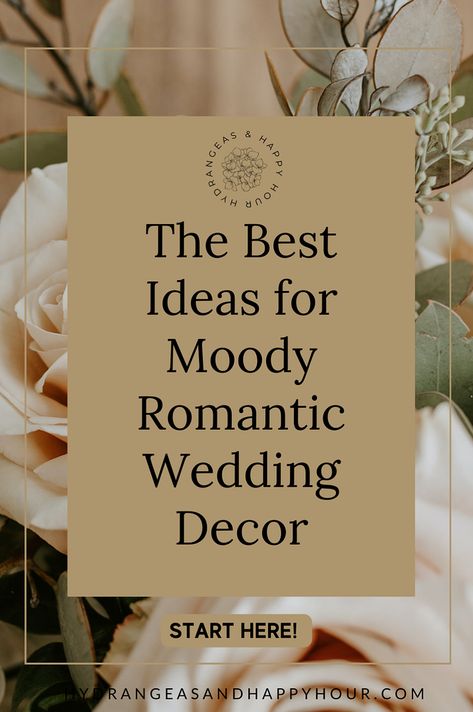 Looking for inspiration for your moody romantic wedding decor? Our wedding blog is your ultimate resource. We cover every aspect of this enchanting theme, from selecting the right wedding decorations to mastering the art of creating a romantic atmosphere. Ideal for those in the midst of wedding planning, our guide offers practical tips and stunning ideas. Get inspired by moody romantic wedding decor and wedding planning at Hydrangeas and Happy Hour! Wedding Moody Romantic, Romantic Decor Wedding, Antique Furniture Wedding Decor, Dark And Moody Wedding Reception, Romantic Wedding Reception Ideas, Wedding Styles Themes Romantic, Wedding Decorations Indoor Simple, Dark And Moody Wedding Decor, Moody Romantic Wedding Decor