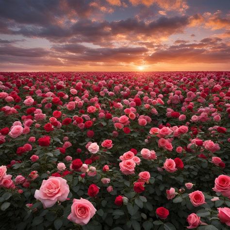 a Field of Roses Beautiful Fields Of Flowers, Aesthetic Flower Fields, Flowers Landscape Photography, Red Roses Landscape, Rose Field Aesthetic, Luxury Flowers Aesthetic, Homescreen Pictures, Rose Garden Photography, Rose Flowers Aesthetic