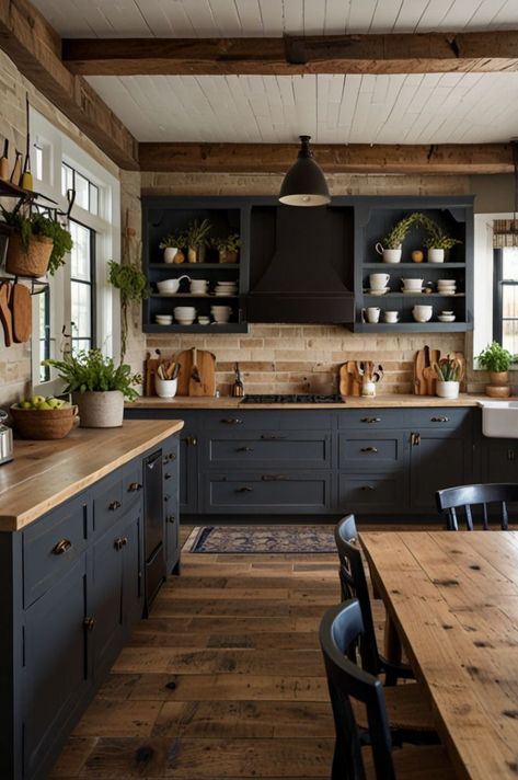 [Promotion] Transform Your Kitchen With These Charming Rustic Farmhouse Sink Ideas. From Reclaimed Wood Finishes To Vintage-Inspired Fixtures, These Designs Blend Classic Charm With Modern Functionality. Perfect For Creating A Cozy, Inviting Kitchen Space That Feels Both Timeless And Trendy. #Rustickitchen #Farmhousesink #Kitchendesign #Homedecor #timelesskitchendesigninspirationrustic Navy Rustic Kitchen, Dark Walls White Cabinets Kitchen, Dark Blue Kitchen Cabinets Farmhouse, Rustic Kitchen Color Ideas, Navy Blue Farmhouse Kitchen, Rustic Kitchen Shelving, Rustic Kitchen Inspiration, Industrial Farmhouse Kitchen Design, Mid Century Farmhouse Kitchen