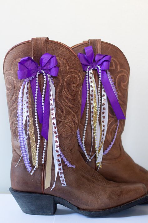 LSU game-day boot bow ribbons | college football game-day accessory Lsu College Bed Party, Lsu Party Decorations, Lsu Game Day Outfit, Lsu Gameday, Lsu College, Lsu Outfits, Preppy Country, Lsu Game, College Bedding