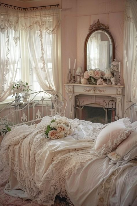 17 Victorian Bedroom Interior Ideas For Your Inspiration! - My Decor Inspo Vintage Bed Makeover, Cottage House Interior Bedroom, Victorian Bedroom Pink, French Room Ideas, Pink White Bedroom Aesthetic, Old Lady Aesthetic Room, Victoria Bedroom Ideas, Victorian Bedroom Ideas Master Suite, Victorian Room Design