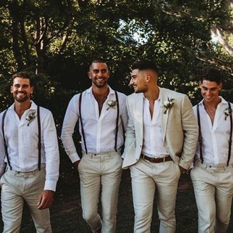 Beach Wedding Groom, Wedding Groomsmen Attire, Groomsmen Suspenders, Beach Wedding Attire, Mens Wedding Attire, Groom Wedding Attire, Suspenders Wedding, Groomsmen Outfits, Groom And Groomsmen Attire