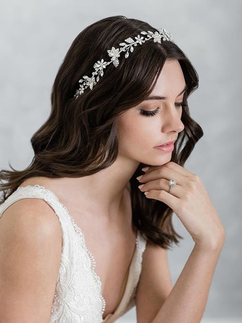 2068 — Bel Aire Bridal Medium Length Bridal Hair, Bride Hair Down, Headband Curls, Reception Hairstyles, Bridal Hair Down, Wedding Hair Headband, Bride Headpiece, Tiara Hairstyles, Headpiece Hairstyles