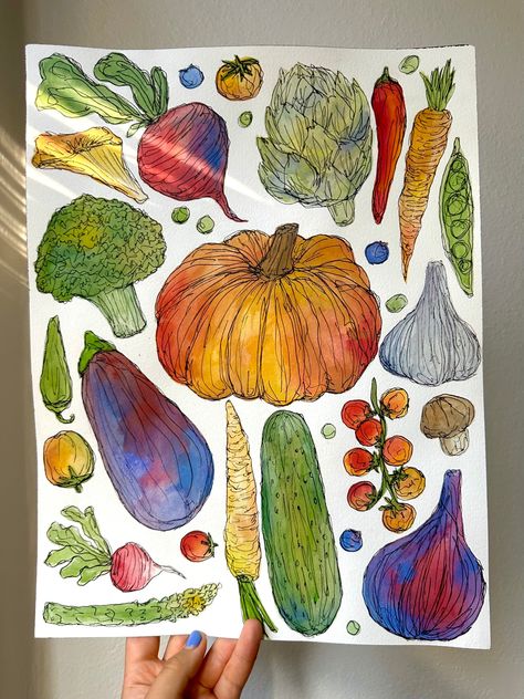 Handpainted watercolor that I made using San Francisco made watercolors (Case for Making) and painted a little batch of veggies!! Vegetables are some of my favorite to paint and the watercolors are so perfect for that.  I first paint the veggies (I don't plan or draw anything out I think it's way more fun and fluid) and then go over in ink pen and add details!  12x16 inches Vegetable Collage Art, Watercolor Pens Art, Veggie Drawings, Veggie Painting, Fun Watercolor Ideas, Watercolor Painting Inspiration, Painted Vegetables, Vegetable Drawings, Watercolor Vegetables