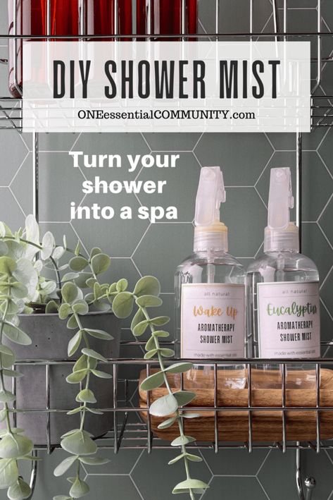 DIY aromatherapy shower mist spray -- easy way to use essential oils to turn shower into spa oasis. Much easier to make and use than shower steamers! a few spritzes of shower mist into a steamy shower can help you wake up, relieve stress, lift your mood, or ease congestion.  free printable labels and 34 shower mist recipes. {eucalyptus shower mist spray, essential oil recipe, self care, DIY shower spray, doTERRA, Young Living, Plant Therapy} Diy Shower Mist, Shower Oil Diy, Essential Oils In Shower For Congestion, Eucalyptus Spray Diy, Shower Aromatherapy Diy, Shower Essential Oils, Shower Spray Essential Oil, Essential Oil Shower Spray, Diy Body Spray With Fragrance Oil Recipe