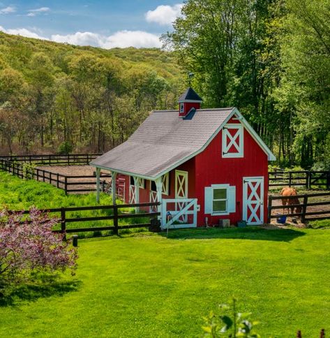 Small Farm Aesthetic, Barn Exterior Ideas, Small Horse Farm, Small Barn Ideas, Simple Horse Barns, Barn Aesthetic, Farm Backyard, Red Barn House, Dream Barn Stables