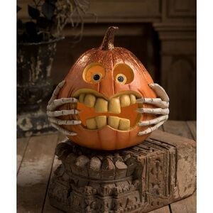 Bethany Lowe | Holiday | Bethany Lowe Funny Face Pumpkin With Skeleton Hands Jack O Lantern Halloween | Poshmark Funny Pumpkin Carvings, Bethany Lowe Halloween, Halloween Decor Diy, Halloween Pumpkin Designs, Carved Pumpkin, Diy Halloween Decor, Zucca Halloween, Halloween Tattoo, Creative Pumpkins