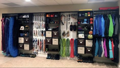 Gear Room Ideas, Outdoor Gear Organization, Outdoor Gear Storage, Camping Gear Storage, Adventure Room, Gear Room, Gear Storage, Camping Storage, Gear Organizer