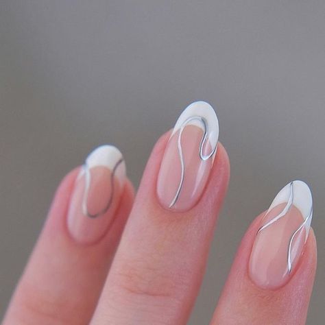 Amber on Instagram: "White tips always feel so fresh!🤍 Created using @the_gelbottle_inc Daisy & Mirror chrome studio gel #frenchmanicure #frenchnails #nailinspo #nailideas #silvernails #almondnails #swirlynails #minimalnails #nailart #thegelbottleinc #thegelbottle #biab" Silver Biab Nail Designs, Minimal Chrome Nail Art, Daisy Mirror, French Tip Nail Ideas, Edward Scissor, Scissor Hands, Biab Nails, White Tips, Nail Board