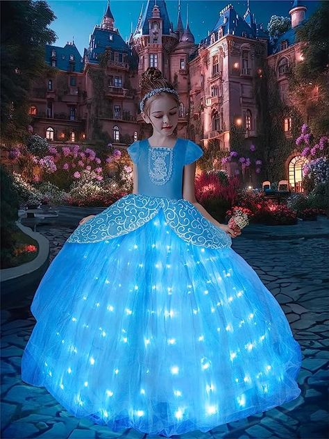 UPORPOR Light Up Cinderella Dress Costume Girls Blue Princess Ball Gown Kids Halloween Outfit Cinder Ella Toddler Vestito #princessdress #disney #disneyprincess #amazon #hellolily #costume #cinderella Princess Costumes For Girls, Blue Princess Dress, Princess Fancy Dress, Light Up Costumes, Light Up Dresses, Carnival Dress, Costume For Girls, Magical Dress, Cinderella Costume