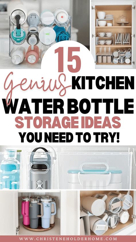 Say goodbye to clutter with these 15 genius kitchen water bottle storage solutions! Discover creative and practical ways to organize your bottles, from custom cabinet inserts to stylish wicker baskets. Maximize your space and keep your kitchen tidy with these easy-to-implement ideas. Click now to explore and transform your kitchen storage! Shaker Cup Organization, Thermos Storage Ideas, Drinking Glass Storage Ideas, Tervis Storage Ideas, How To Organize Storage Containers, Water Bottle Drawer Storage, How To Store Mugs In Cabinet, Store Dishes Storage Ideas, Diy Drink Storage Ideas