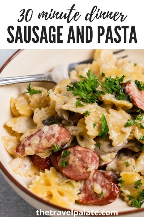 Sausage And Pasta, Creamy Sausage Pasta, Smoked Sausage Pasta, Pasta With Mushrooms, Sausage Recipes For Dinner, Smoked Sausage Recipes, Sausage Dinner, Sausage Pasta Recipes, Pasta With Sausage