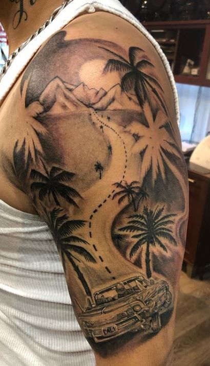 125 Unique Palm Tree Tattoos You'll Need to See - Tattoo Me Now Florida Themed Tattoos, Mini Tattoo Designs, Palm Tree Tattoos, Palm Tree Tattoo Ankle, Beach Inspired Tattoos, Tattoos For Moms With Kids, Beachy Tattoos, Pirate Ship Tattoo, Tree Tattoo Arm