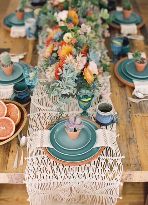 Out-of-the-Box Table Setting Ideas for the Holidays — Minimalist/Maximalist Succulent And Wood Centerpiece, Aqua Marine Wedding Theme, Tiffany Table Setting, Herb Table Setting, Late Summer Early Fall Tablescapes, New Mexico Wedding Decor, Temple Sealing, Boho Tablescape, Brunch Tablescape