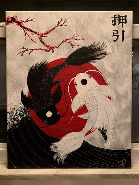 Chinese Canvas Painting, Chinese Painting Acrylic, Half And Half Canvas Painting Ideas, Japanese Canvas Art, Canvas Anime Painting Ideas, Dragon Painting Canvas, Japan Canvas Painting, Huge Canvas Painting Ideas Aesthetic, Painting Ideas On Canvas Japanese