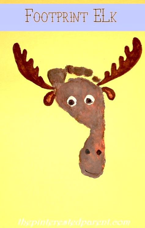 Footprint Elk Craft - Footprint Crafts A-Z E is for elk Letter E Craft, Baby Footprint Crafts, Winter Animal Crafts, Cow Craft, Footprint Craft, Baby Art Projects, Footprint Crafts, Alphabet Crafts, Handprint Craft