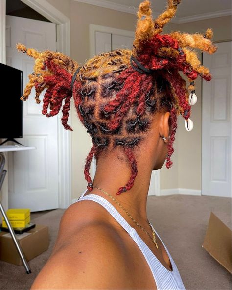 Round Parts Locs, Pb J Locs, Red And Brown Locs, Locs Dyed Tips, Locs Dyed Black Women, Two Strand Loc Styles For Women, Half Dyed Locs, Puffy Locs, Female Loc Styles