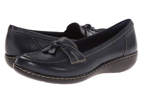 Clarks Ashland Bubble (Navy) Women's Slip on  Shoes. The Ashland Bubble is part of the Clarks Bendables Collection. Step out into casual comfort and sensible style with this timeless Ashland Bubble oxford. Premium leather upper with contrast stitching detail and tie accent at the instep. Soft synthetic lining ensures an abrasion-free environment for all-day wear. OrthoLite footbed massages the foot with each and every step. TP #Clarks #Shoes #ClosedFootwear #SliponCasual #Navy Clarks Women, Closed Toe Heels, Women's Slip On Shoes, Loafers Style, Clarks Women's, Tassel Loafers, Womens Clarks, Shoe Insoles, Clarks Shoes