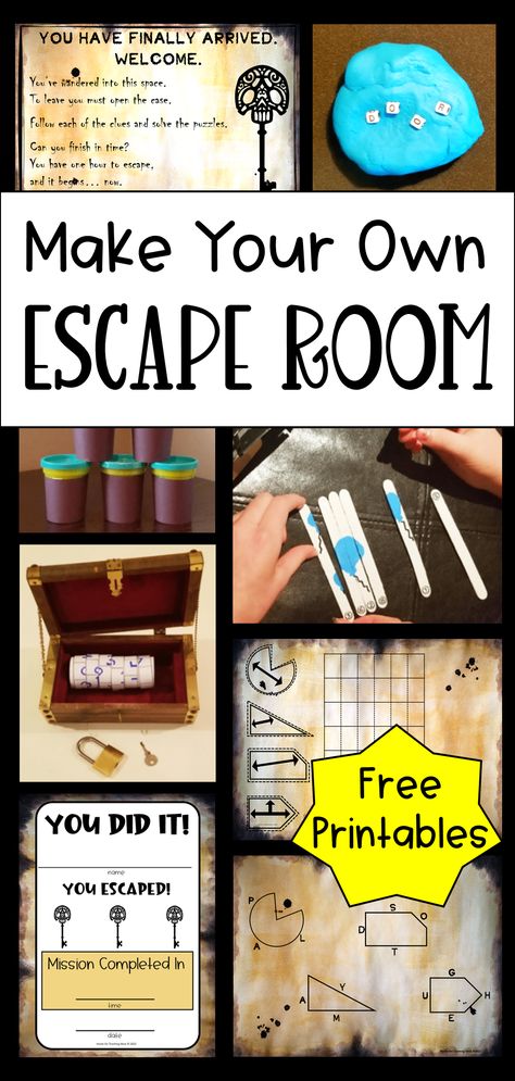 The pin shows four printable escape room puzzles, letters in play dough, popsicle stick clues and a locked box with a puzzle inside. Escape Room Board Game, How To Set Up An Escape Room, Mini Escape Room Diy, Escape Room Gift Card Ideas, Classroom Escape Room Ideas, Halloween Escape Room Middle School, How To Make An Escape Room Gift, Making Your Own Escape Room, Home Made Escape Room