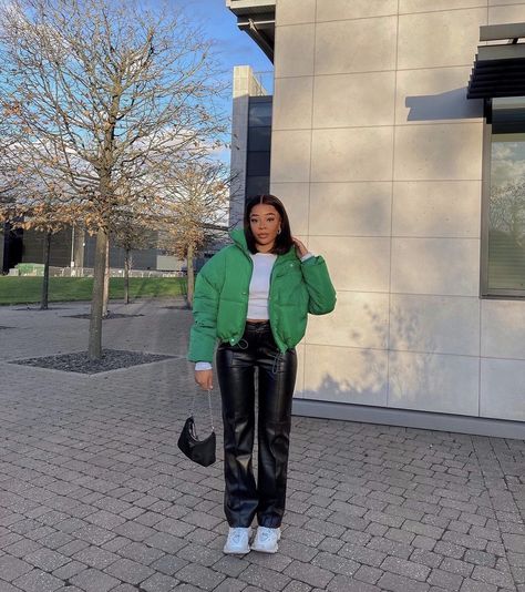 Green Puff Jacket Outfit, Puffer Jacket Outfit Green, Green Puffa Jacket Outfit, Trendy Green Puffer Jacket For Cold Weather, Bright Green Puffer Jacket Outfit, Neon Green Puffer Jacket Outfit, Uni Outfits Uk, Oversized Green Puffer Jacket With Long Sleeves, Green Puffy Jacket