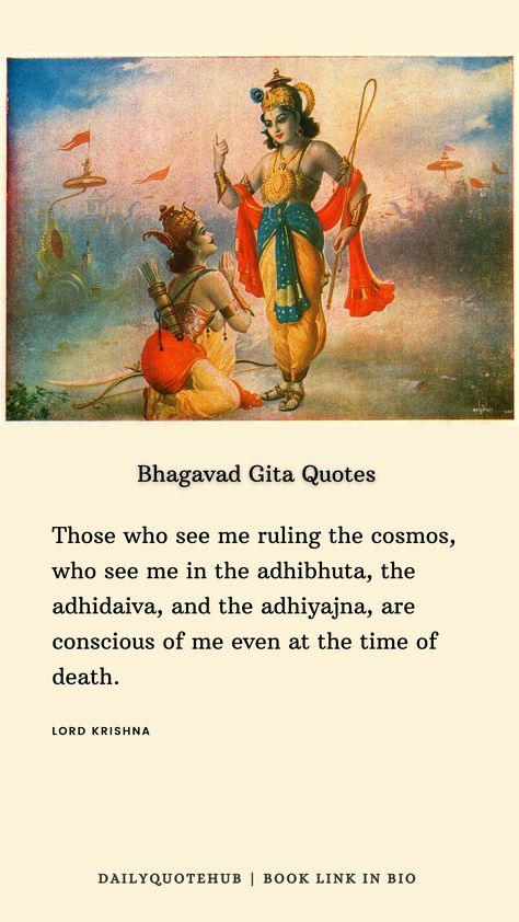 Bhagavad Gita, also known as the Gita - "The Song of The Lord" is a practical guide to one's life that guides one to re-organize their life, achieve inner peace, and approach the Supreme Lord (the Ultimate Reality). It is a 700-verse text in Sanskrit which comprises chapters 23 through 40 in the Bhishma-Parva section of the Mahabharata. #quotes #Quoteoftheday Mahabharata Quotes, Bhagavad Gita Quotes, The Mahabharata, Famous Author Quotes, Gita Quotes, Daily Quote, Quotes Wisdom, Famous Authors, Bhagavad Gita