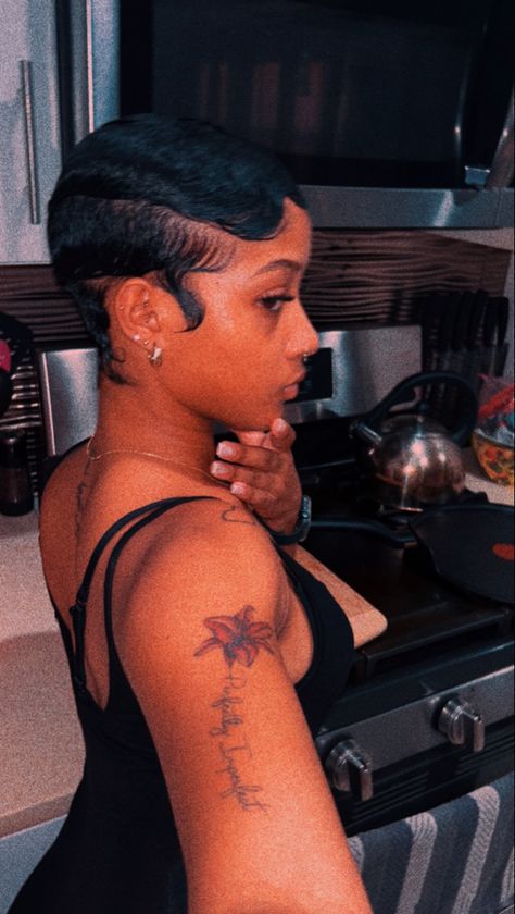 Short hair Aesthetic. Tattoos, Pinterest Babe, Pretty Girls, Finger waves, Black Hair, Short Hair, Piercings, Nails Finger Waves For Black Women Dark Skin, Waves Styles Short Hair Black Woman, Natural Finger Waves, Braids On Pixie Hair Black Women, Short Hair Gel Style Black Women, Short Hair With Earrings, Finger Wave Pixie Cut, 4c Finger Waves, Older Black Woman Hairstyle