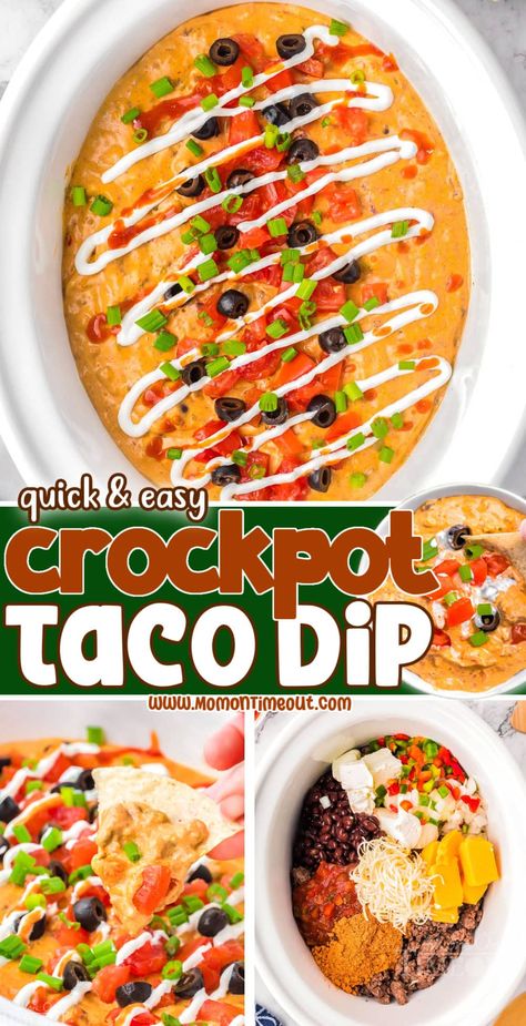 This Crockpot Taco Dip recipe combines all of your favorite taco flavors into one creamy, cheesy and savory dip that everyone will love! Made with ground beef, beans, cheese, salsa and more - it’s a crowd-pleaser that requires minimal effort and pairs perfectly with a handful of tortilla chips. | MomOnTimeout.com Crockpot Mexican Dip Recipes, Crock Pot Nacho Cheese Dip, Taco Dip With Cream Cheese And Beef, Cowboy Queso Dip Crockpot, Crock Pot Taco Dip, Crockpot Taco Dip, Taco Dip Crock Pot, Crockpot Dip Recipes, Baked Taco Dip