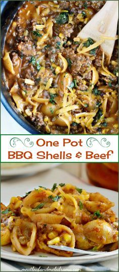 One Pot Cheddar BBQ Shells and Beef - An easy dinner made with ground beef, pasta, cheese and barbecue sauce, plus a few other ingredients that takes only 30 minutes to make! Pasta Cheese, Beef Meatloaf, Ground Beef Pasta, Beef Pasta, Ground Beef Recipes Easy, Beef Recipes Easy, Melodrama, Beef Dishes, Barbecue Sauce